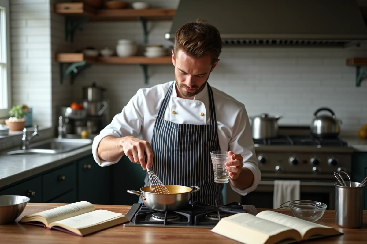 Pâtissier préparant une sauce dans une casserole en consultant un verre doseur en centilitres dans une cuisine professionnelle