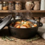 Paupiettes de porc en cocotte en fonte avec carottes, oignons et thym sur table en bois rustique