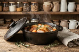 Paupiettes de porc en cocotte en fonte avec carottes, oignons et thym sur table en bois rustique