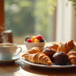 Table en bois avec viennoiseries et cafe cosy