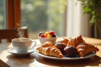 Table en bois avec viennoiseries et cafe cosy