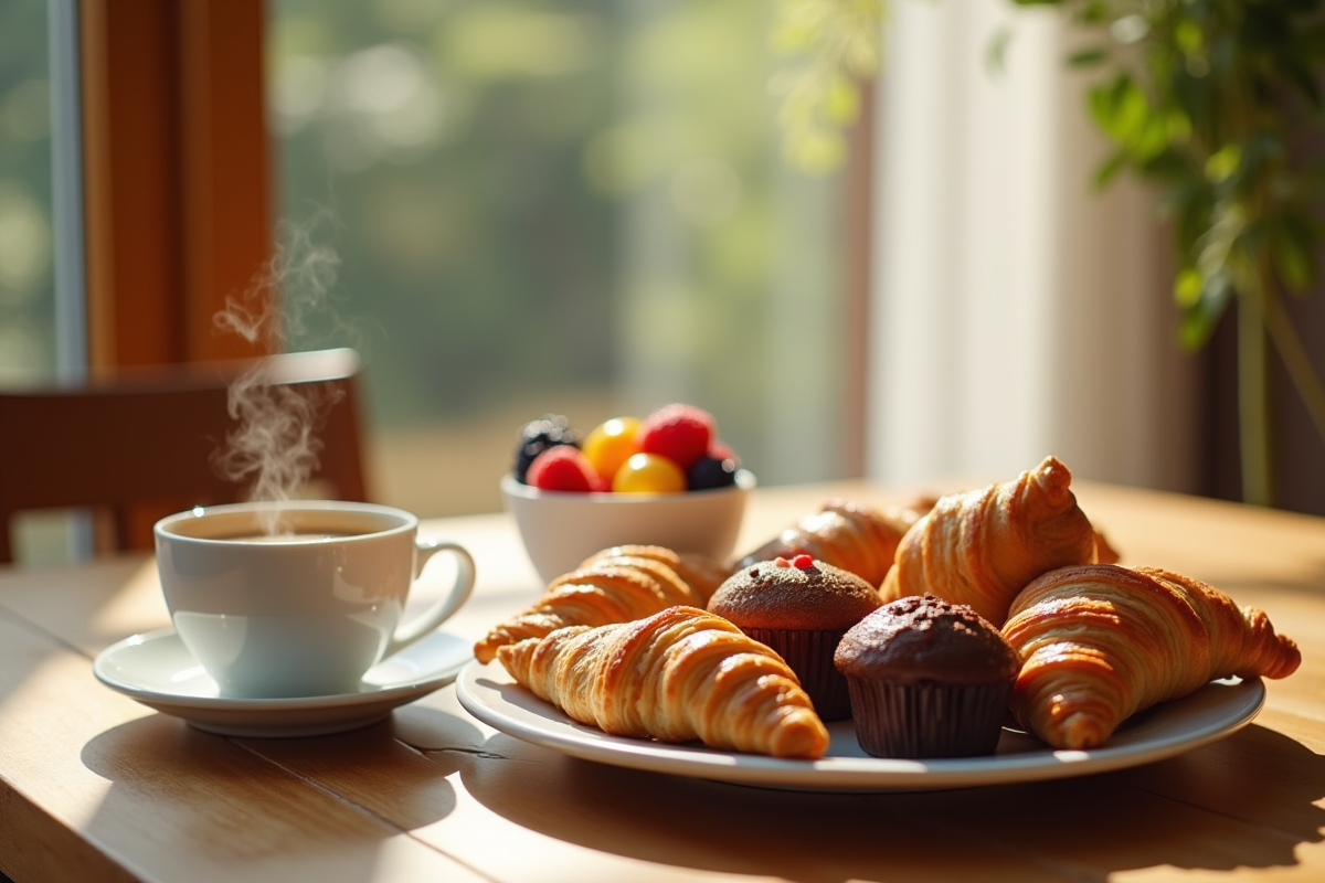 Table en bois avec viennoiseries et cafe cosy