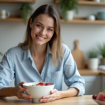 Femme souriante dégustant un bol de flocons d'avoine