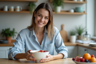 Femme souriante dégustant un bol de flocons d'avoine