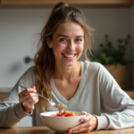 Jeune femme mangeant un bol de petit déjeuner sain
