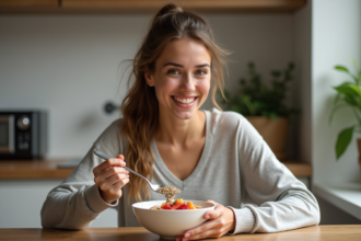 Jeune femme mangeant un bol de petit déjeuner sain