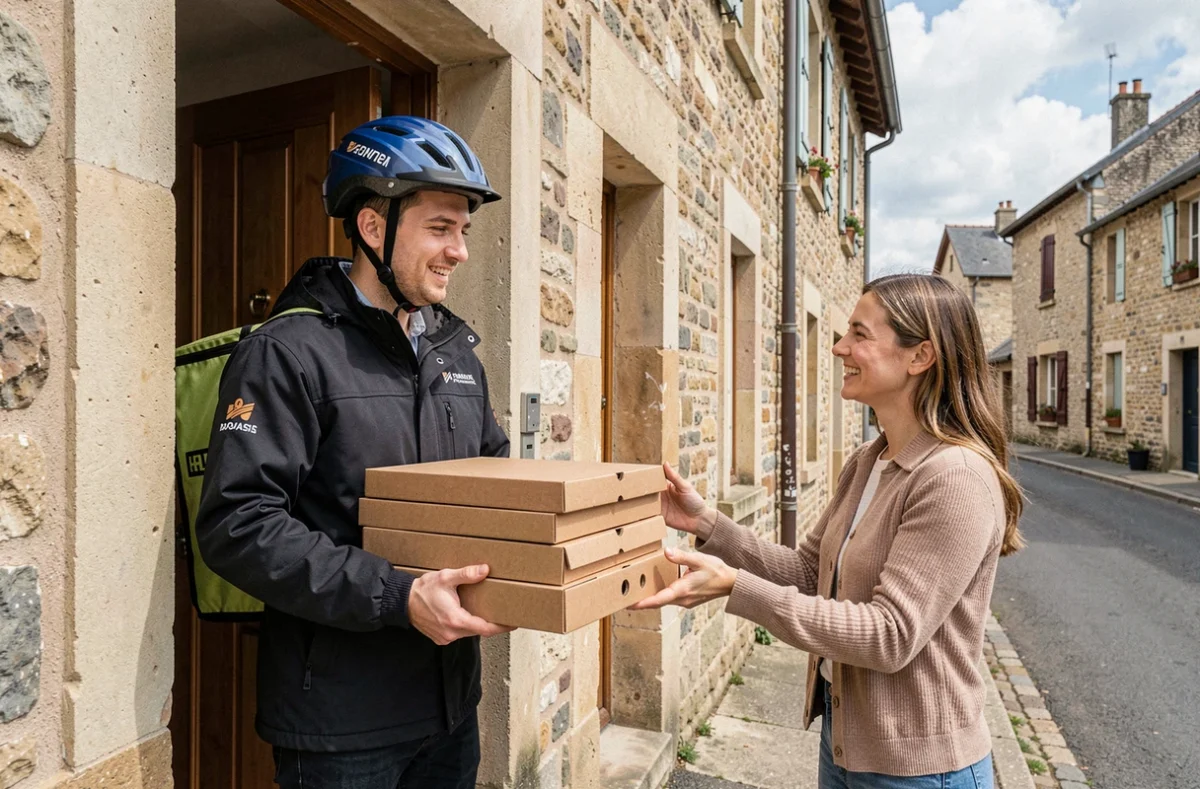 Livreur de Pizza Chez Vous remettant trois boîtes à pizza à une cliente souriante sur le pas de sa porte dans un quartier résidentiel bourguignon en pierre