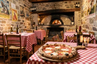 Salle d'une pizzeria italienne en Bourgogne avec four à bois en pierre, tables à nappes à carreaux rouges et blancs, et pizza napolitaine posée sur une pelle en bois au premier plan