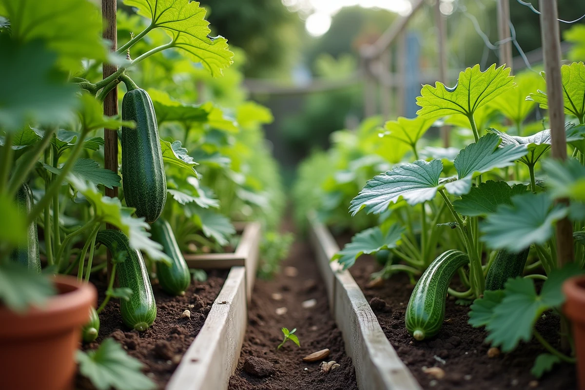 Plants de concombre et de courgette côte à côte dans un potager avec des carrés surélevés, montrant les différences de feuilles et de fruits