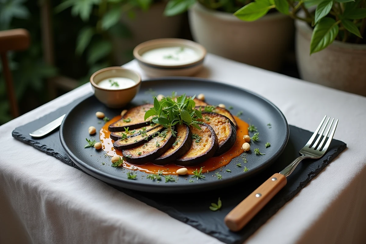Plat d'aubergines gastronomique dressé sur une ardoise avec sauce au yaourt aux herbes, pignons de pin et micro-pousses sur une terrasse de restaurant français