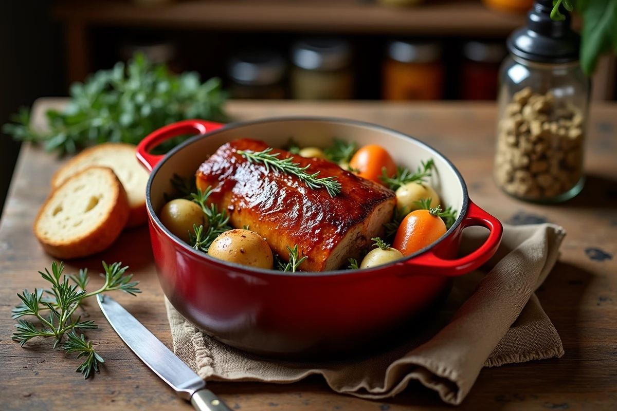 Cocotte rustique avec porc rôti et légumes d