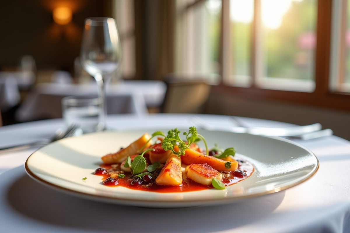 Assiette gastronomique élégante avec couleurs vives et textures fines