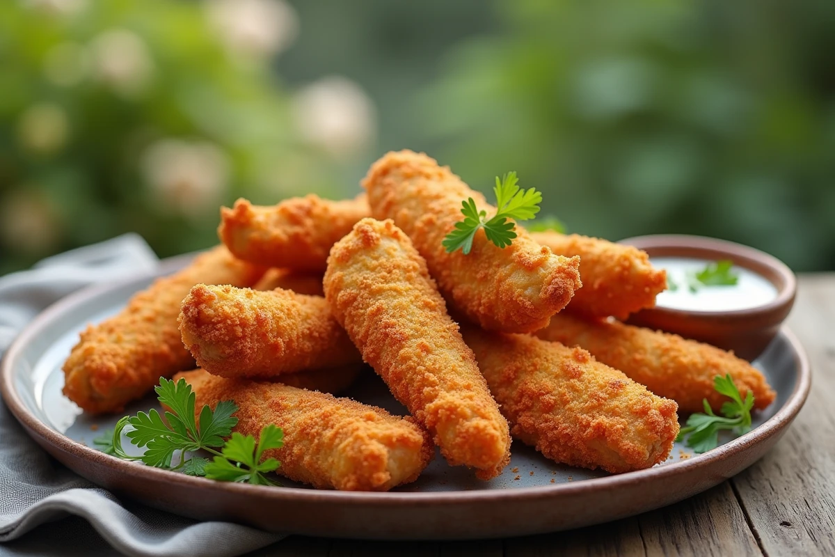 Assiette de tenders de poulet croustillants avec sauce et persil