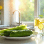 Plateau de concombre et céleri avec eau gazeuse citronnee