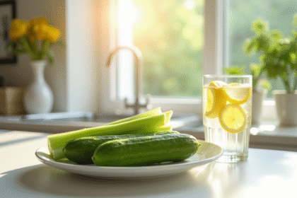 Plateau de concombre et céleri avec eau gazeuse citronnee
