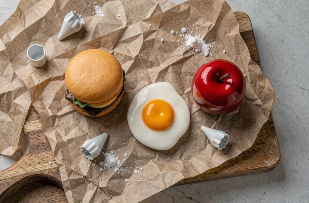 Plateau de pâtisseries trompe l'œil artisanales imitant des aliments salés, vues de dessus sur planche en bois