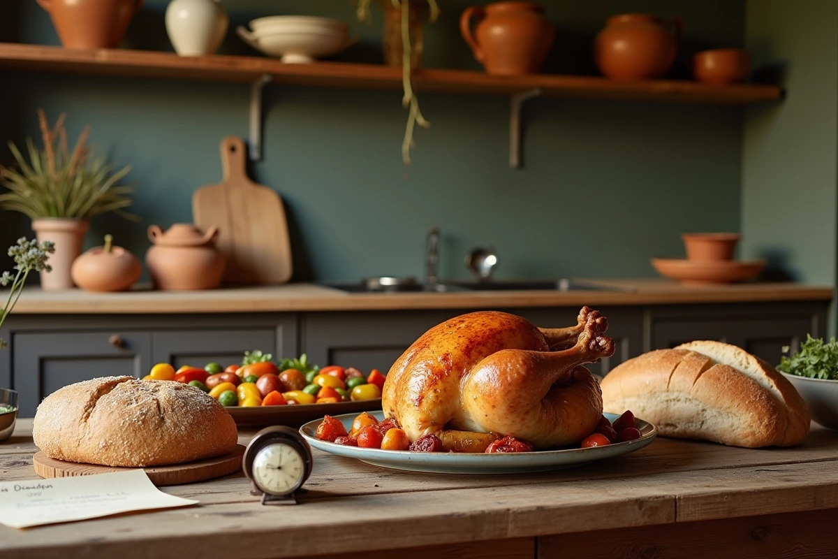 Table rustique avec poulet rôti et légumes cuits au four à 200 degrés