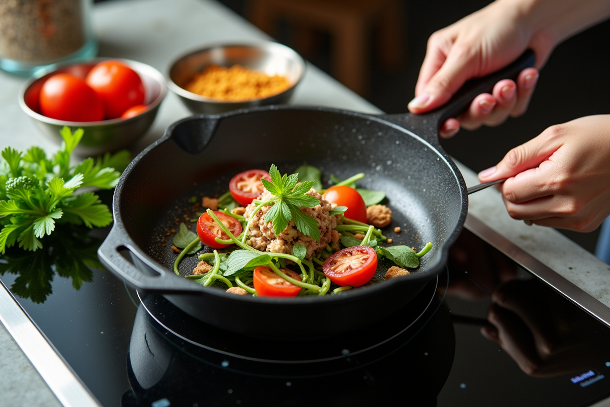 Poêle en fonte avec assaisonnement sur plaque induction et chef préparant une salade