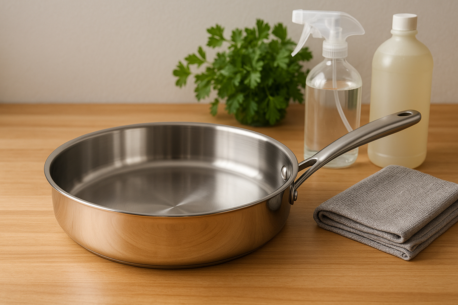 Poêle en inox propre sur un plan de travail en bois avec produits écologiques