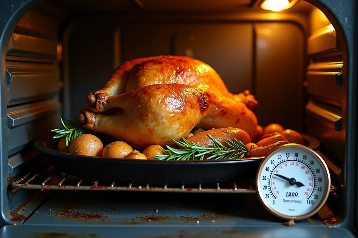 Poulet rôti dans un four ouvert avec thermomètre indiquant 180 degrés Celsius et légumes caramélisés