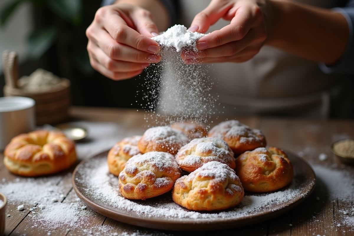Main saupoudrant délicatement du sucre glace sur des choux craquelin