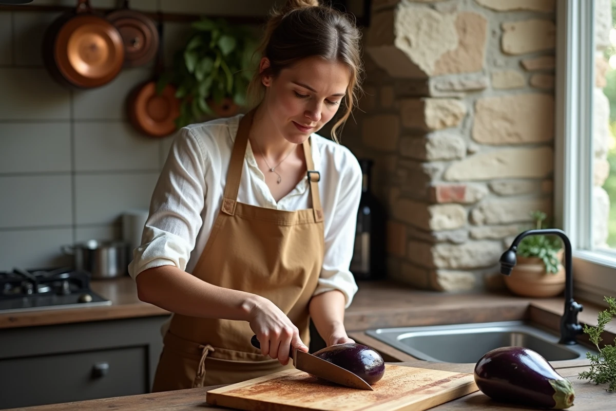 Femme préparant des aubergines rôties sur une planche en bois dans une cuisine parisienne rustique avec carrelage vintage et ustensiles en cuivre