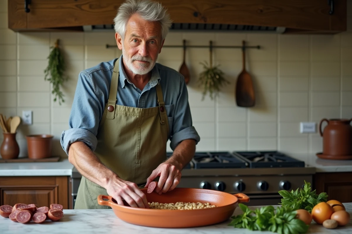 Cuisinier amateur préparant le montage d'un cassoulet toulousain maison en disposant saucisses et haricots dans une cassole