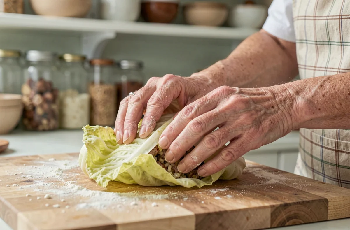 Mains de grand-mère préparant des choux farcis maison en roulant les feuilles de chou autour de la farce à la viande sur une planche en bois