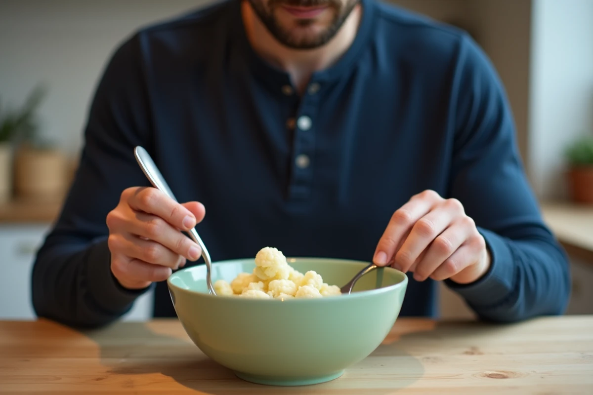 Papa préparant une texture de chou-fleur écrasé adaptée à l'alimentation diversifiée d'un bébé