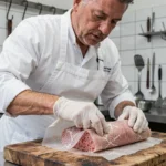 Boucher expérimenté en train de préparer des crépinettes maison en enveloppant la farce dans de la crépine sur un billot en bois