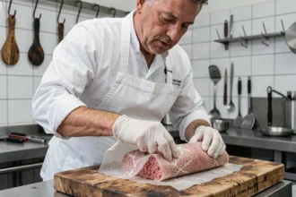 Boucher expérimenté en train de préparer des crépinettes maison en enveloppant la farce dans de la crépine sur un billot en bois