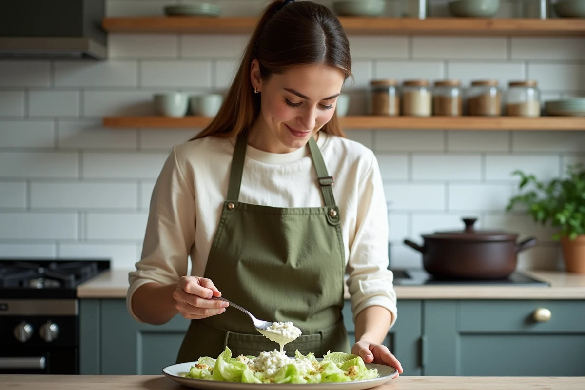 Femme préparant des endives vapeur végétariennes avec sauce au fromage bleu et noix dans une cuisine moderne