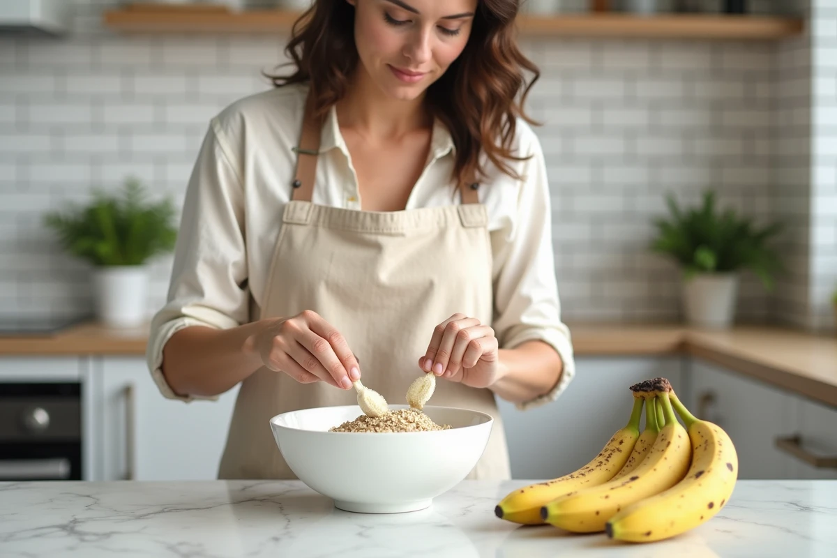Femme préparant un gâteau flocon d'avoine à la banane santé dans une cuisine moderne