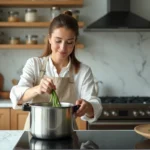 Femme préparant des haricots verts frais dans une cocotte minute sur une cuisinière moderne