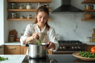 Femme préparant des haricots verts frais dans une cocotte minute sur une cuisinière moderne