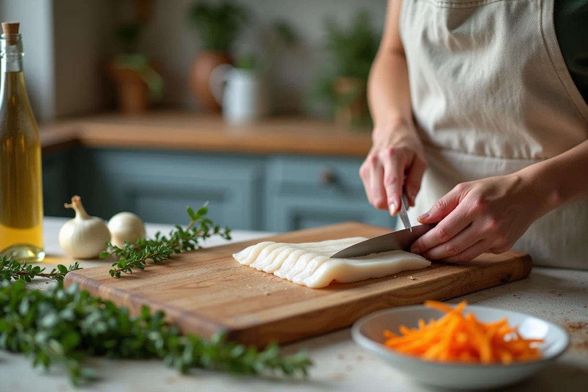 Préparation de la julienne de poisson avec découpe des filets et ingrédients frais sur un plan de travail de cuisine française