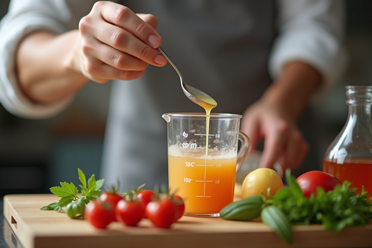 Main versant doucement du liquide dans un bécher de 2 cl