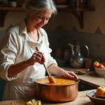 Femme préparant des pâtes de fruit à la pomme dans une casserole en cuivre, surveillance de la consistance pour éviter les erreurs de cuisson