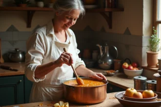 Femme préparant des pâtes de fruit à la pomme dans une casserole en cuivre, surveillance de la consistance pour éviter les erreurs de cuisson