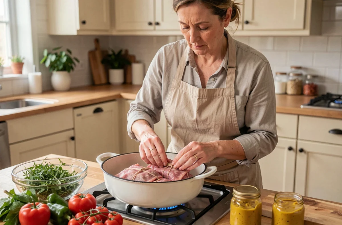 Femme cuisinant des paupiettes de porc crues dans une cocotte émaillée entourée de légumes frais