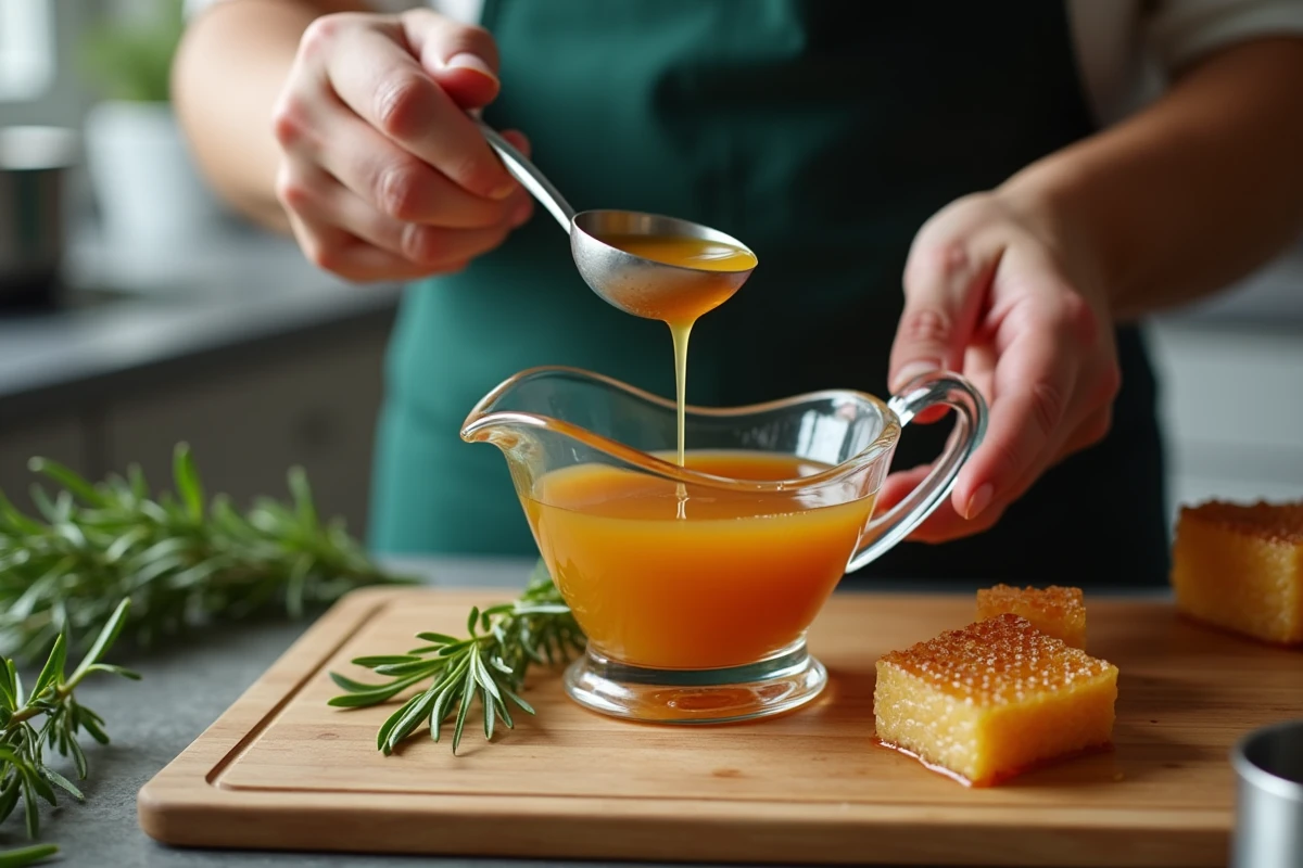 Mains versant une sauce au miel et romarin dans une saucière en verre avec des ingrédients sur une planche en bois