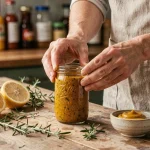 Femme préparant une vinaigrette maison dans un bocal en verre sur un plan de travail en bois avec herbes fraîches et citron