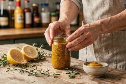 Femme préparant une vinaigrette maison dans un bocal en verre sur un plan de travail en bois avec herbes fraîches et citron