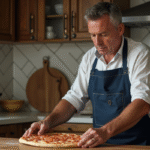Homme en tablier navy posant une pierre à pizza dans la cuisine