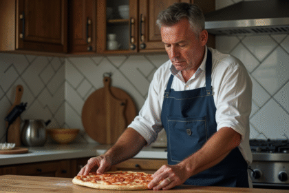 Homme en tablier navy posant une pierre à pizza dans la cuisine