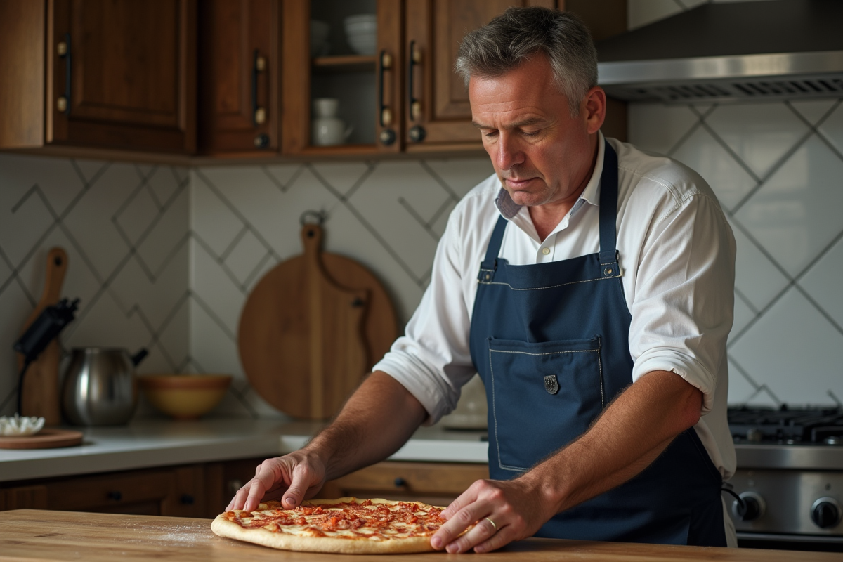 Homme en tablier navy posant une pierre à pizza dans la cuisine