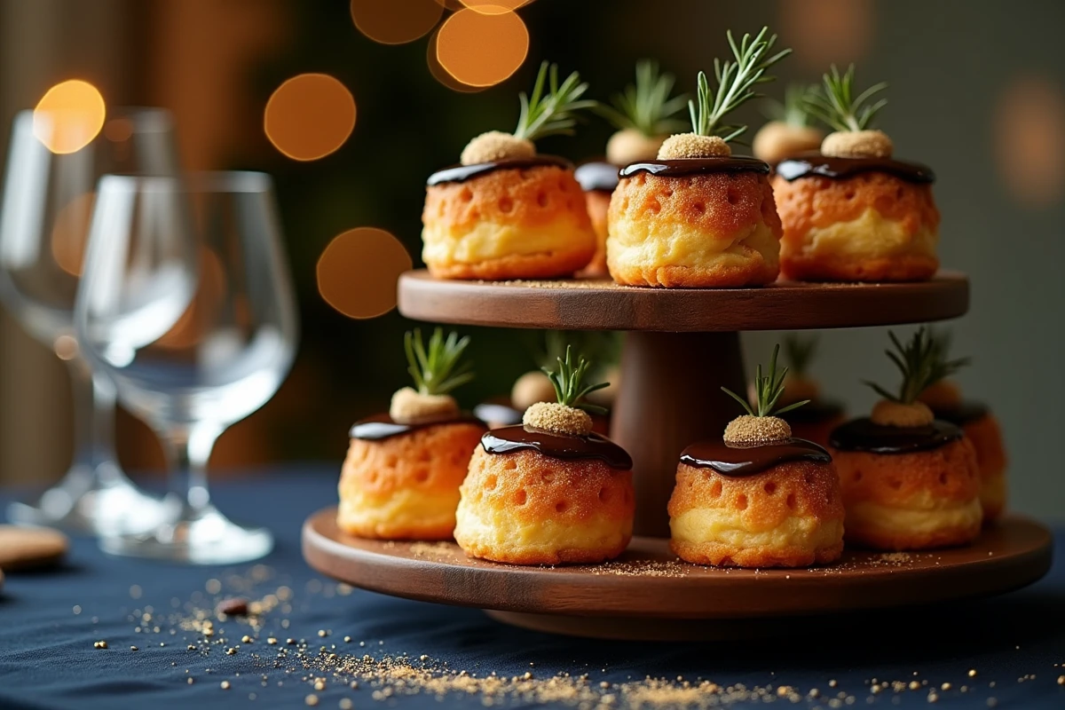 Présentoir de canelés de fête vanille et chocolat décorés pour le Nouvel An 2026 sur une table de réveillon élégante