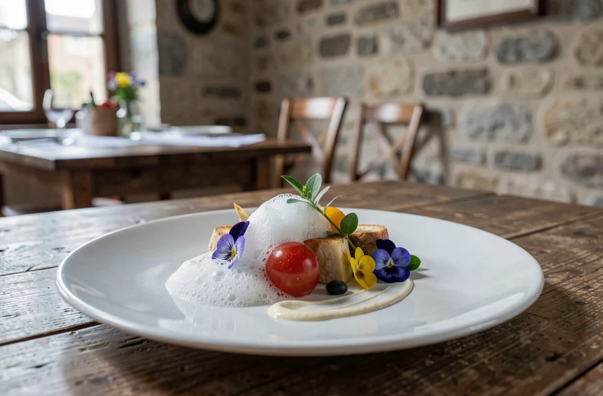 Assiette gastronomique avec fleurs comestibles et émulsion légère sur porcelaine blanche au restaurant La Promenade Maison Dallais au Petit-Pressigny