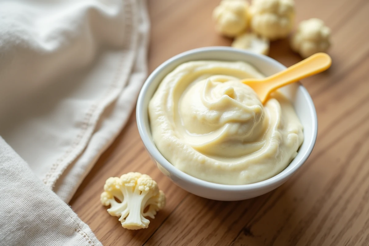 Bol de purée de chou-fleur maison pour bébé avec cuillère en silicone sur table en bois