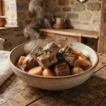 Ragoût d'agneau à l'ancienne servi dans un bol en céramique rustique sur une table en bois de chêne, ambiance cuisine de campagne française